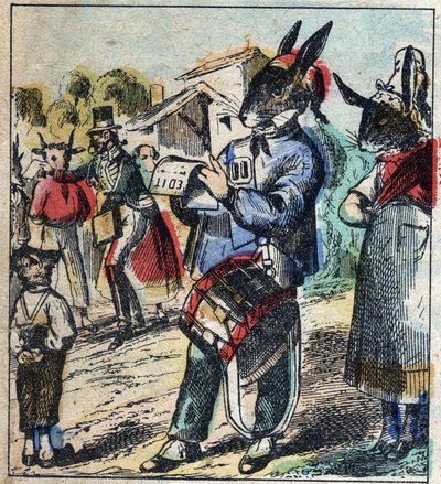 Il leone malato e la volpe. Favole di Jean de La Fontaine (1621-95). Immagine di Epinal fine XIX secolo da French School