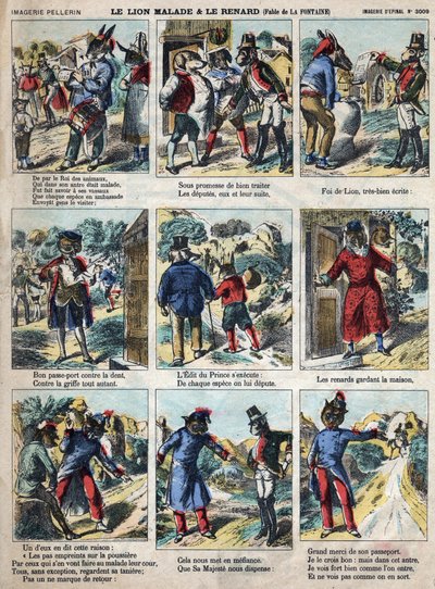 Il leone malato e la volpe. Favole di Jean de La Fontaine (1621-95). Immagine di Epinal fine XIX secolo. da French School