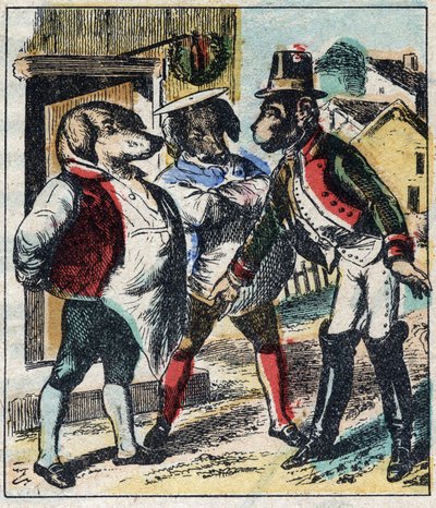 Il leone malato e la volpe. Favole di Jean de La Fontaine (1621-95). Immagine di Epinal della fine del XIX secolo da French School