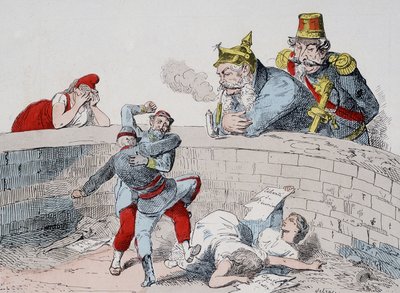 La situazione - Gauillaume: Dobbiamo aiutare i pazzi, Badingue (Napoleone III): Lasciamoli fare mio fratello, sarà il momento di intervenire quando (i parigini) si saranno divorati tra loro. Caricatura sulla Comune. da French School