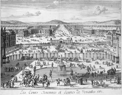 Le scuderie e i cancelli di Versailles visti dal Palazzo, 1683 da French School