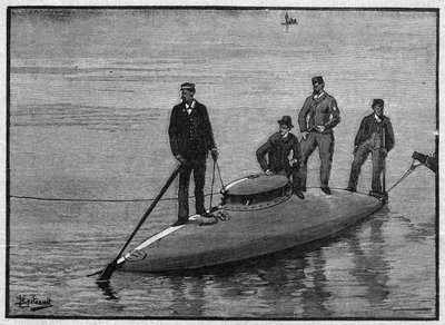 Il sottomarino "Goubet", galleggiante e trasportante quattro uomini. Incisione in "La gazette du dimanche" del 28 novembre 1895. da French School