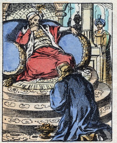 Il sultano è stupito dai diamanti che Aladino gli offre per chiedere la mano di sua figlia. Incisione del racconto delle Mille e una notte "Aladino e la lampada meravigliosa". Immagine di Épinal, fine XIX secolo. Collezione privata da French School