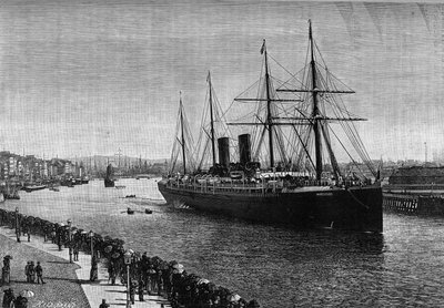 Il transatlantico "La Gascogne" nel porto di Le Havre nel 1887 - Incisione nel giornale illustrato "La jeunesse" da French School