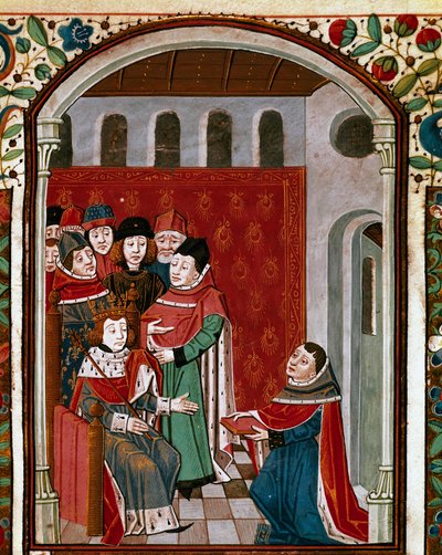 Il traduttore Giovanni di Meung (o Clopinel o Chopinel) dona la sua opera al re Filippo IV il Bello (miniatura tratta da De Consolatione Philosophiae del filosofo latino Boezio, tradotto da Jean d) da French School
