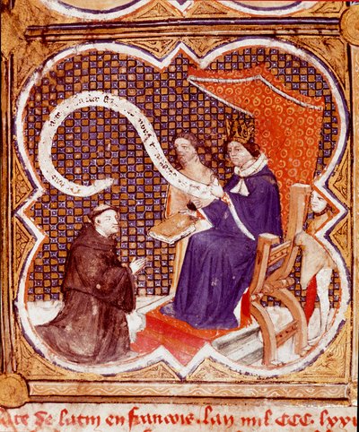 Il traduttore offre il suo libro al re Carlo V (miniatura tratta da Le livre des proprietes des choses di Barthelemy l
