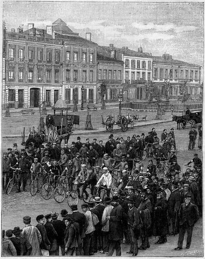 La corsa dei velocipedi da Bordeaux a Parigi: i velocipedisti partono da Bordeaux il 23 maggio 1891, alle 5 del mattino da French School