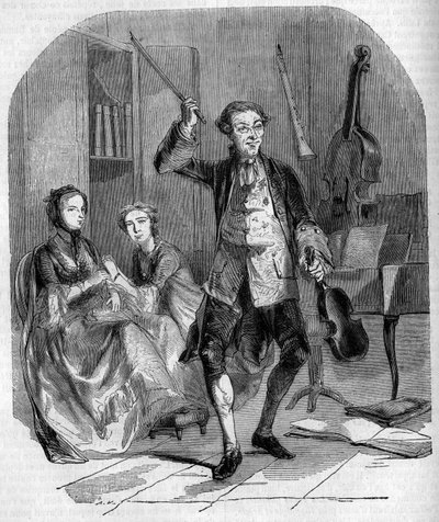Il violinista e compositore Jean Philippe Rameau (1683-1764) compone, circondato dai membri della sua famiglia. Incisione di Andrieux da French School