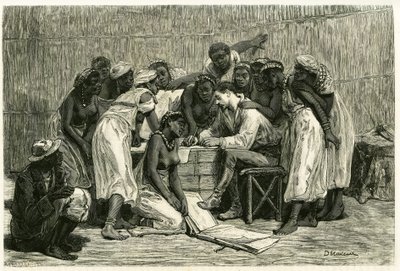La visita delle regine, le sedici mogli del Re Sepopo, nella capanna del Dottor Holub. Incisione di D. Maillard, per illustrare il racconto 