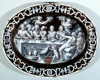 Il banchetto nuziale di Psiche. Piatto ovale in smalto dipinto su rame della scuola francese. 1560 Parigi, Museo del Louvre da French School