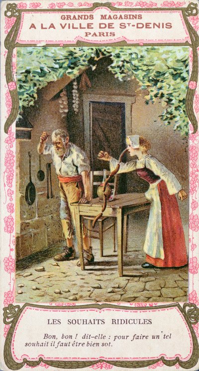 La moglie con il naso di salsiccia, illustrazione della fiaba di Perrault I tre desideri (Les Trois Souhaits) da French School