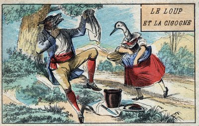 Il lupo e la cicogna. Favole di Jean de La Fontaine (1621-95). Immagine di Epinal fine XIX secolo da French School