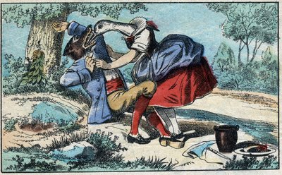 Il lupo e la cicogna. Favole di Jean de La Fontaine (1621-95). Immagine di Epinal fine XIX secolo da French School
