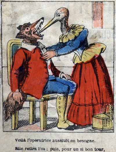 Il lupo e la cicogna. Favole di Jean de La Fontaine (1621-95). Immagine di Epinal fine XIX secolo da French School