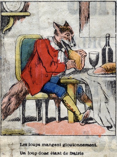 Il lupo e la cicogna. Favole di Jean de La Fontaine (1621-95). Immagine di Epinal fine XIX secolo da French School