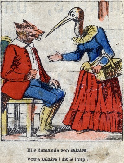 Il lupo e la cicogna. Favole di Jean de La Fontaine (1621-95). Immagine di Epinal fine XIX secolo. da French School