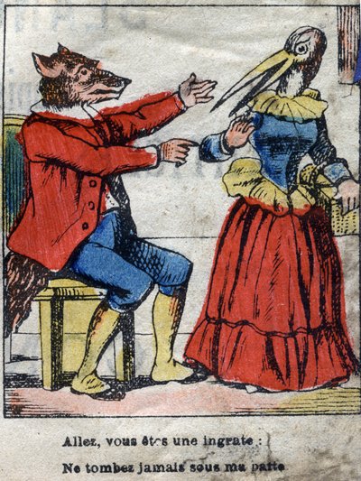 Il lupo e la cicogna. Favole di Jean de La Fontaine (1621-95). Immagine di Epinal fine XIX secolo. da French School