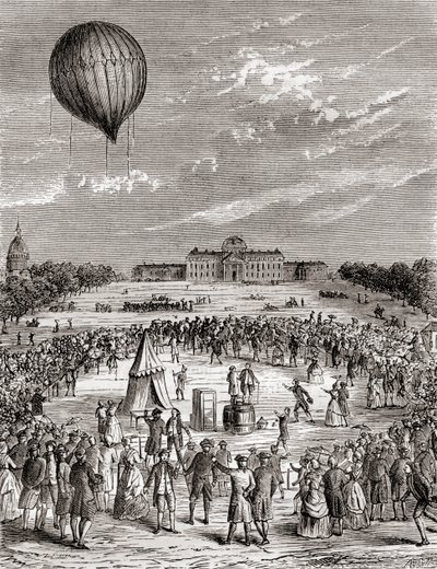 Il primo pallone a idrogeno del mondo, lanciato sopra il Campo di Marte, Parigi, Francia nel 1783, da Les Merveilles de la Science, pubblicato c.1870 da French School