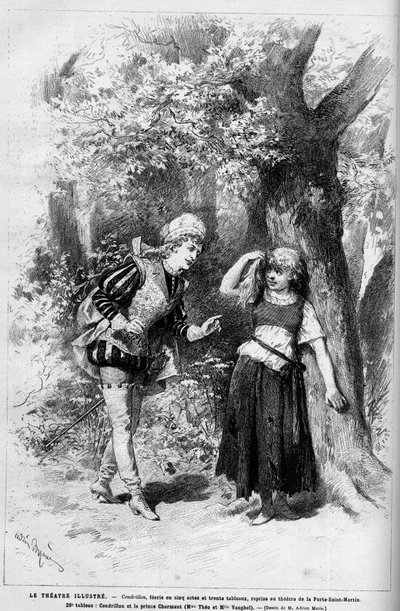 Rappresentazione teatrale: Cenerentola e il Principe Azzurro interpretati da Mme Theo e Melle Vanghel per la commedia 