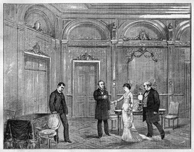 Rappresentazione teatrale: "Jean Beaudry" di Auguste Vacquerie (1819-1895). 4° atto. Parigi, Théâtre Français (Comédie Française). Incisione del 1880 in "La republique illustree" collezione privata. da French School