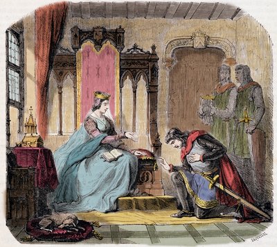 Thibault IV di Champagne (1201-1253) (noto anche come Thibault I di Navarra), ai piedi della regina Bianca di Castiglia per avvertirla del pericolo che correva - in "Paris a travers les siècles" di de Genouillac da French School