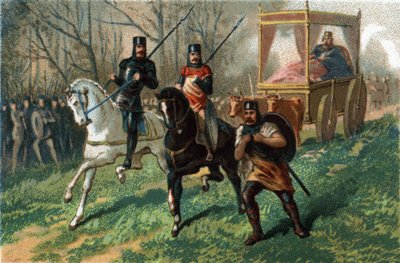 Thierry III detto il Re Fannullone dal 673 al 691 attraversa Parigi nella sua carrozza trainata da buoi. Cromolitografia intorno al 1890 da French School