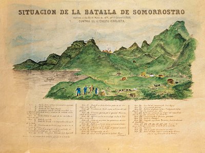 Terza guerra carlista (1872-1876): descrizione della battaglia di Somorrostro nei Paesi Baschi il 25/03/1874 (incisione) da French School