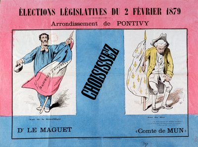 Terza Repubblica: manifesto per le elezioni legislative del 2/02/1879 nel comune di Pontivy (Morbihan). Parigi. Museo del Manifesto e della Pubblicità da French School