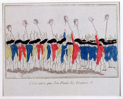 Ecco come vengono puniti i traditori, sanculotti che portano le teste dei ghigliottinati, 1789 da French School