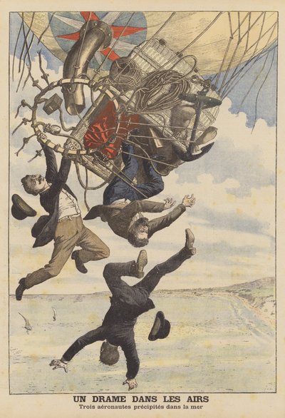 Tre aeronauti italiani che cadono in mare (litografia a colori) da French School