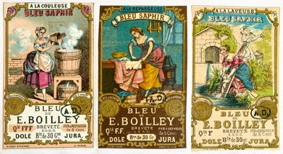 Tre etichette per il marchio di detersivo Bleu de E. Boilley, 1878 da French School