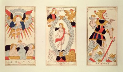 Tre carte dei tarocchi che raffigurano il Giudizio, Il Mondo e Il Matto (incisione colorata su legno) da French School