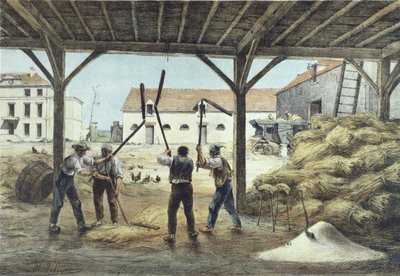 Trebbiatura del grano, illustrazione da un libro di testo scolastico Enseignement par les yeux, 2a metà del XIX secolo da French School