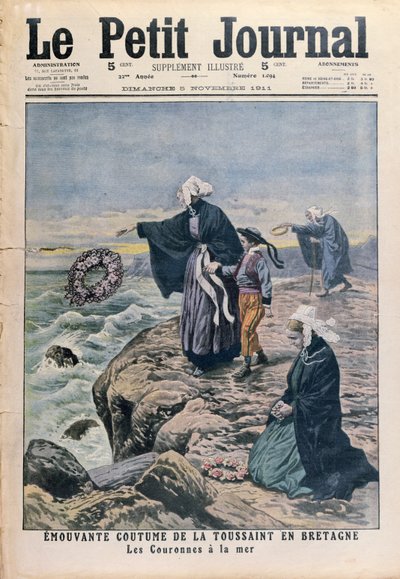 Lancio di corone in mare nel giorno di Ognissanti in Bretagna, illustrazione di copertina da Le Petit Journal, 5 novembre 1911 da French School