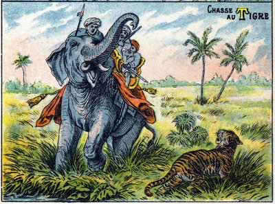 Scena di caccia alla tigre sul dorso di un elefante. Alfabeto sillabico delle cacce. Imagerie d