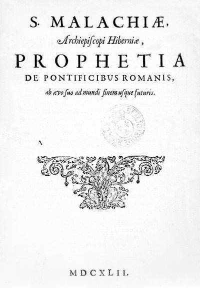 Pagina del titolo per Prophecy of the Popes, pubblicata nel 1662 da French School