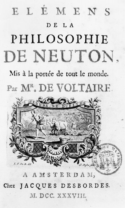 Pagina del titolo di Éléments de la Philosophie de Newton di François Marie Arouet Voltaire (1694-1778) Amsterdam, pubblicato nel 1738 da French School