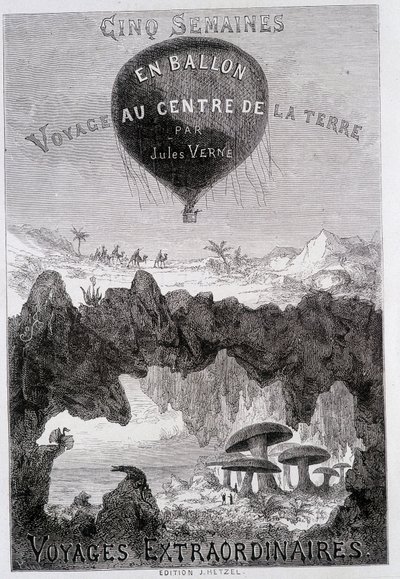 Pagina del titolo: "Cinque settimane in pallone" e "Viaggio al centro della Terra" di Jules Verne, sd. Editions Hetzel sotto il nome generale "Les Voyages Extraordinary" da French School