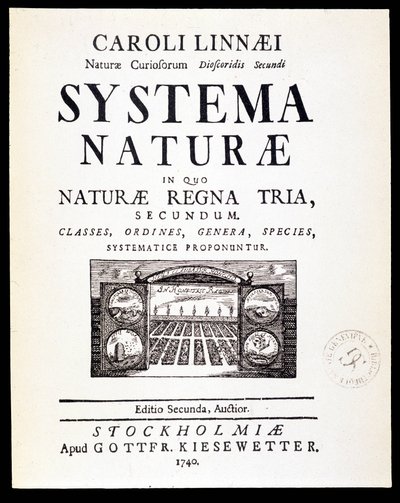 Pagina del titolo "Systema naturae" di Linné da French School