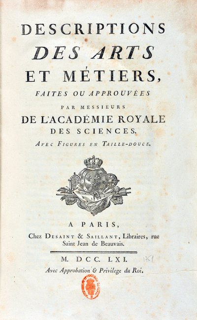 Pagina del titolo di “Descriptions of Arts and Metiers made or approved by gentlemen of the Royal Academy of Sciences”. 1761 da French School