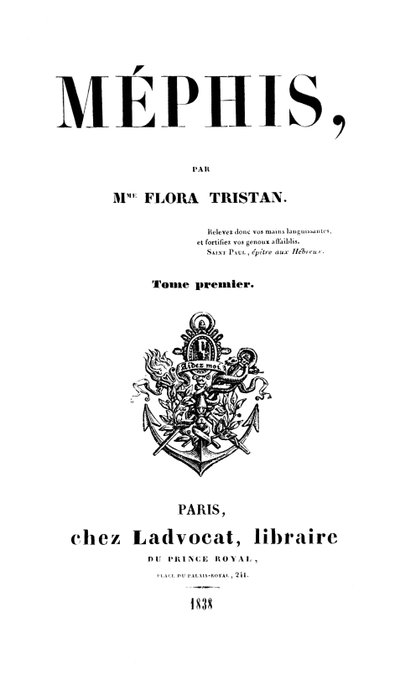 Pagina del titolo di Mephis di Flora Tristan (1803-44) pubblicato a Parigi da Ladvocat, 1838 da French School