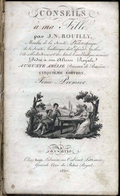 Pagina del titolo di "Consigli a mia figlia" di Jean Nicolas Bouilly (1763-1842). 1820. Collezione privata da French School