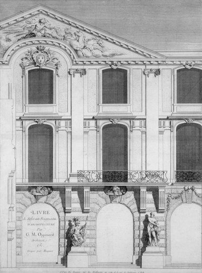 Pagina del titolo di un libro di tavole incise dei disegni di Oppenord, pubblicato nel 1745 da French School