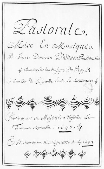 Pagina del titolo della Pastorale di Pierre Danican Philidor (1681-1731) 1697 da French School