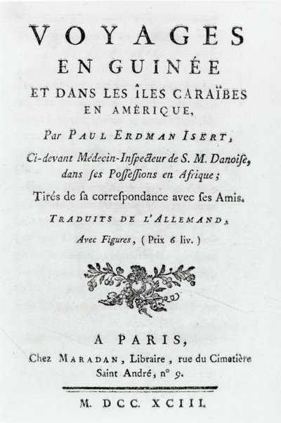 Pagina del titolo di Viaggi in Guinea e nelle Isole Caraibiche in America di Paul Erdman Isert, pubblicato nel 1743 da French School