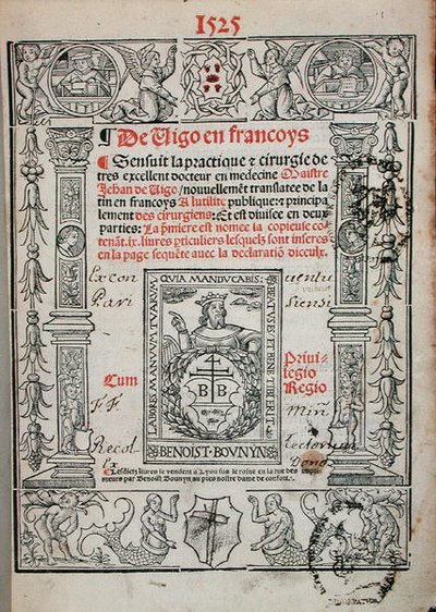 Pagina del titolo di un libro di chirurgia di Jean de Vigo (1460-1525) 1525 da French School