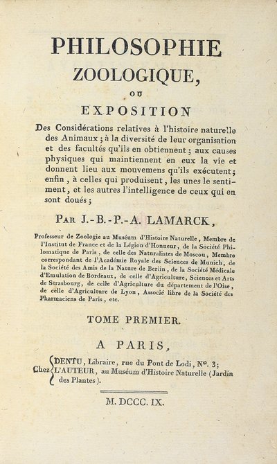 Pagina del titolo di "Philosophie Zoologique" di Jean-Baptiste Lamarck, pubblicato a Parigi, 1809 da French School