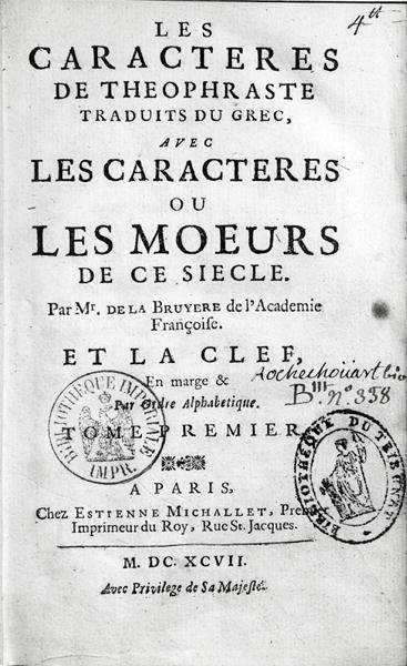 Pagina del titolo di Les Characteres ou les Moeurs di Teofrasto tradotto da Jean de la Bruyere (1645-96) 1697 da French School