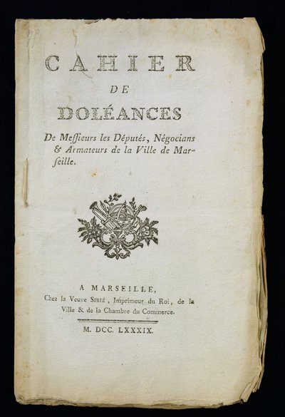 Pagina del titolo del Libro delle lamentele dei deputati, mercanti e armatori di Marsiglia, 1789 da French School