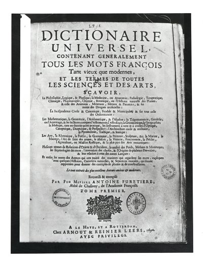 Pagina del titolo del Dictionnaire Universel di Antoine Furetiere (1619-88) 1690 da French School